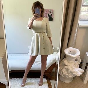 KENSIE KHAKI LONG SLEEVE DRESS BOX PLEATS ZIPPER SQUARE NECK POCKETS